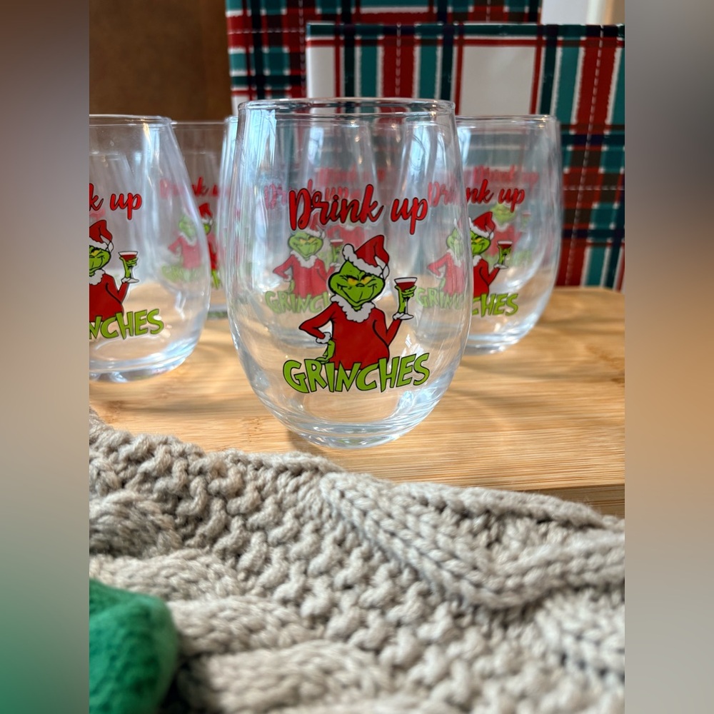 Set of 6 | “Drink Up Grinches” Stemless Wine Glasses Holiday Hostess Gift - Picture 3 of 11